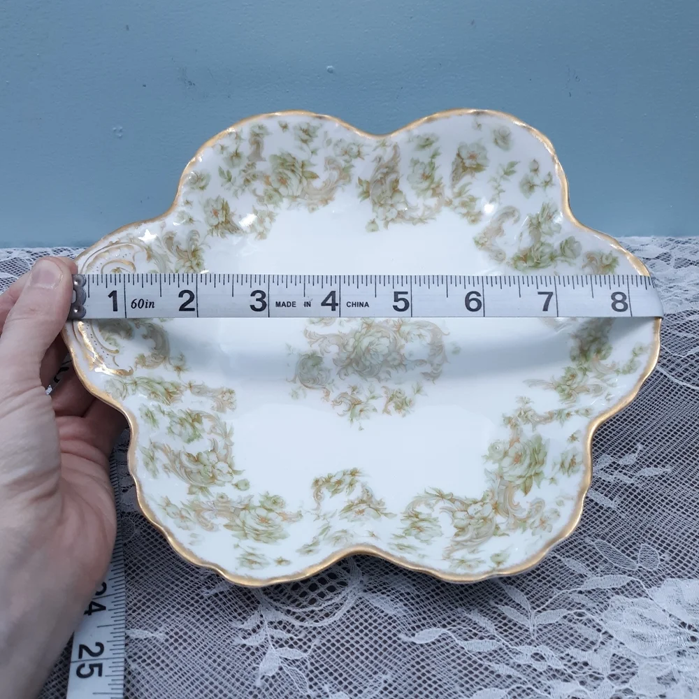 Haviland Limoges Porcelain Bon Bon Dish With Green Floral and Gold Gilding